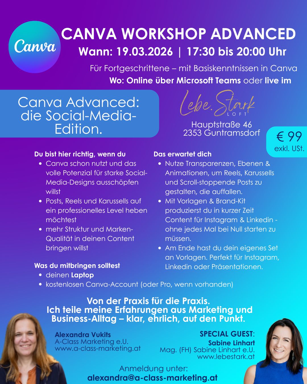 Flyer: Canva Workshop Advanced am 19.03.2026